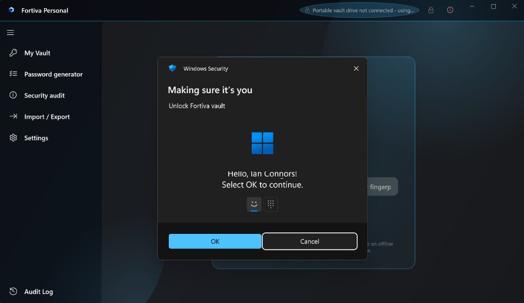 Windows Hello unlocking Fortiva
